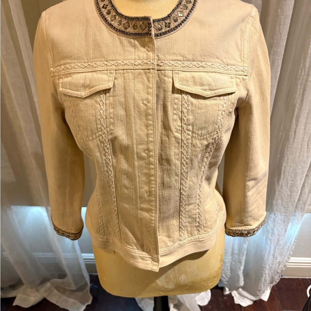 Elie Tahari Soft Gold Jean Jacket with Embroidery